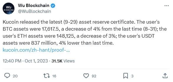 KuCoin รายงานการลดลงของสินทรัพย์ รวมถึง Bitcoin, Ethereum และ USDT ในรายงานการสำรองสินทรัพย์ล่าสุด