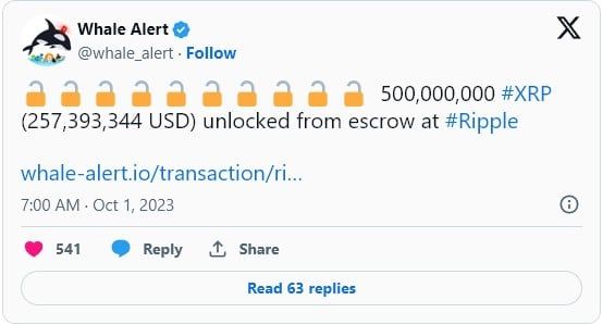 Ripple ปลดล็อก XRP เพิ่มอีก 1 พันล้าน XRP จากบัญชีเอสโครว์ ในวันที่ 1 ตุลาคม