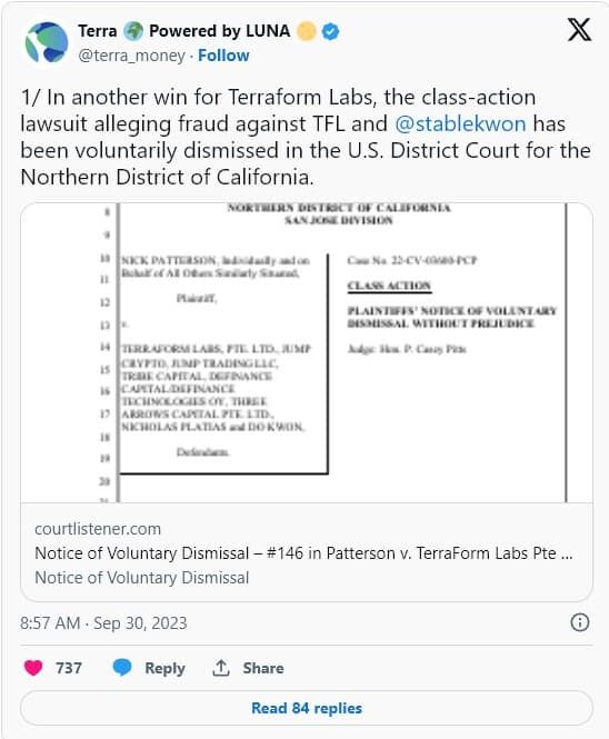 กลุ่มนักลงทุน "ถอนฟ้อง" จากการดำเนินคดีเรื่องการฉ้อโกงกับ Terraform Labs และ Do Kwon