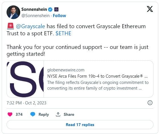Grayscale ยื่นคำร้องต่อ ก.ล.ต.สหรัฐฯ เพื่อแปลง Ethereum Trust ให้เป็น Spot Ethereum ETF