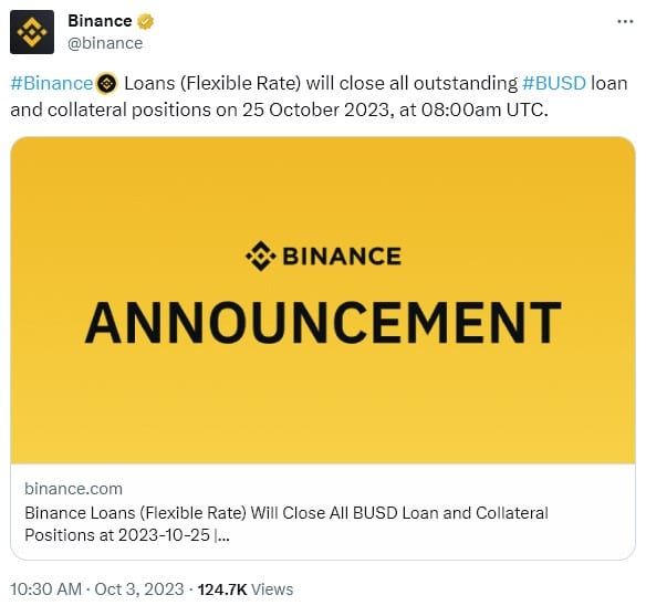 Binance เตรียมปิด "การให้กู้ยืม BUSD" ภายในวันที่ 25 ตุลาคม นี้
