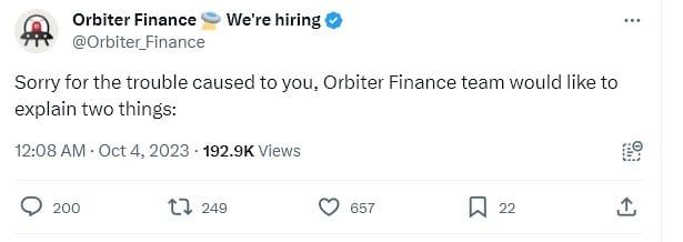 Orbiter Finance ยืนยันไม่ได้ "Rug Pull" เงินลูกค้ายังปลอดภัย พร้อมเผยสาเหตุที่บัญชี Discord ถูกลบ