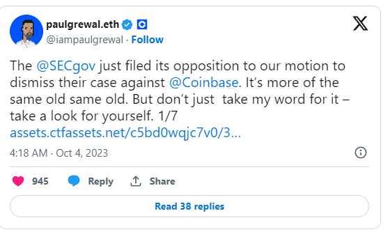 ก.ล.ต.สหรัฐฯ ขอให้ผู้พิพากษา "ปฏิเสธ" คำร้องของ Coinbase ที่ขอให้ยกฟ้องคดี