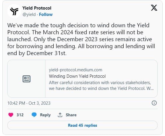 Yield Protocol ประกาศการตัดสินใจ "ปิดตัว" อย่างถาวร ภายในเดือนธันวาคม 2023