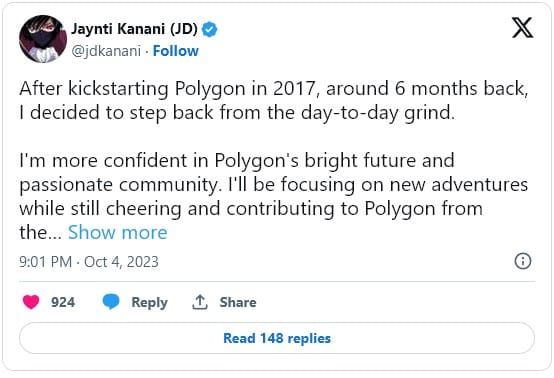 Jaynti Kanani หนึ่งในผู้ร่วมก่อตั้ง Polygon ประกาศลาออก และจะไปสนับสนุน 'จากข้างสนาม' แทน
