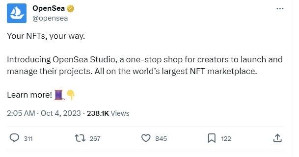 OpenSea เปิดตัว 'OpenSea Studio' เครื่องมือที่ช่วยให้ทุกคนสร้าง NFT ได้ง่ายขึ้น