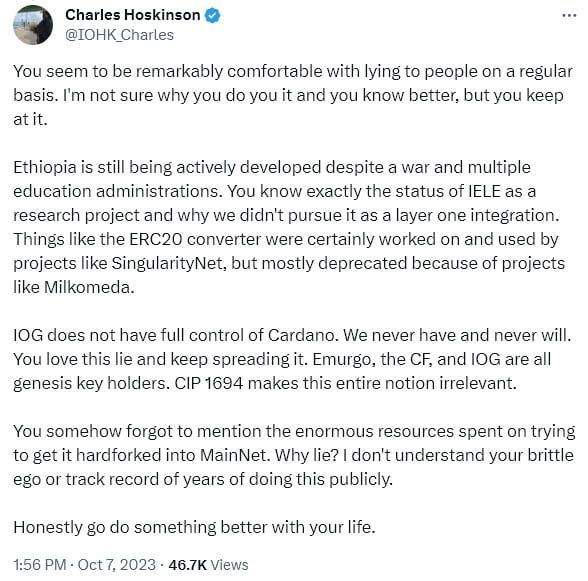 Charles Hoskinson ผู้ก่อตั้ง Cardano ปฏิเสธเรื่องที่ว่าเค้าละทิ้งโครงการต่าง ๆ และเอาแต่เทขาย ADA ใส่ชุมชน