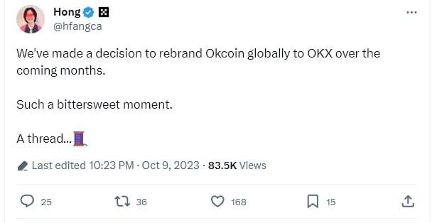 Hong Fang ประธาน OKX ประกาศว่า Okcoin จะเปลี่ยนชื่อแบรนด์เป็น OKX ในอีกไม่กี่เดือนข้างหน้า