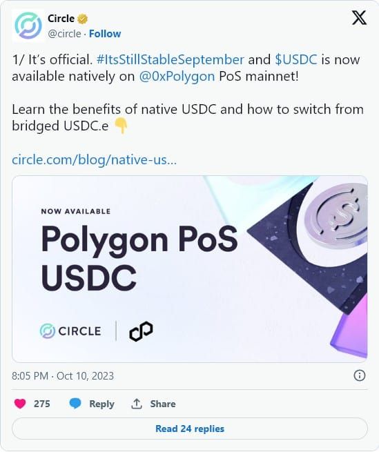 มาซักที : Circle ประกาศเปิดตัวโทเค็น USDC ดั้งเดิมบน Polygon ไม่ต้องใช้บริดจ์อีกต่อไป