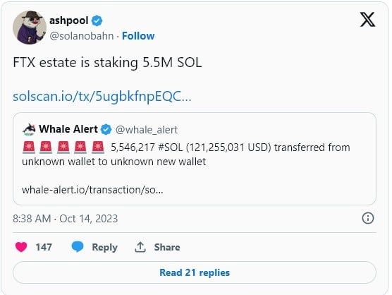 FTX Estate มีการ Stake 5.5 ล้านโทเค็น SOL ของ Solana เมื่อวันที่ 13 ตุลาคม
