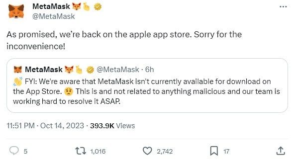 MetaMask ยืนยันว่า การถูกถอดชั่วคราวจาก App Store ไม่เกี่ยวกับเหตุการณ์ด้านความปลอดภัย หรือกิจกรรมที่เป็นอันตราย