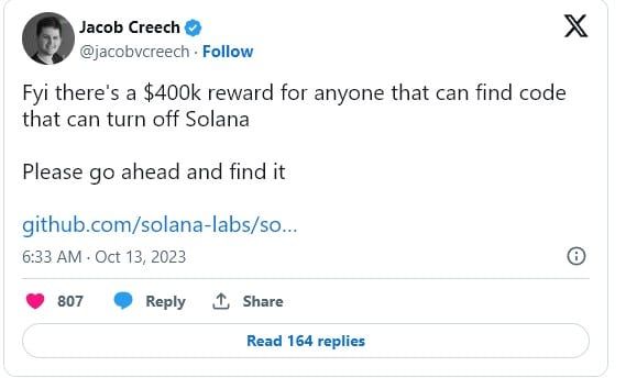 Solana Foundation เสนอเงินรางวัล 14.5 ล้านบาท สำหรับใครที่สามารถหา code ที่สามารถปิด Solana ได้