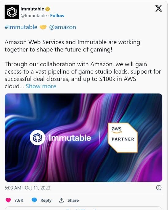 Immutable ร่วมมือกับ Amazon Web Services (AWS) ผนึกกำลังเพื่อปฏิวัติการเล่นเกมบนบล็อกเชน