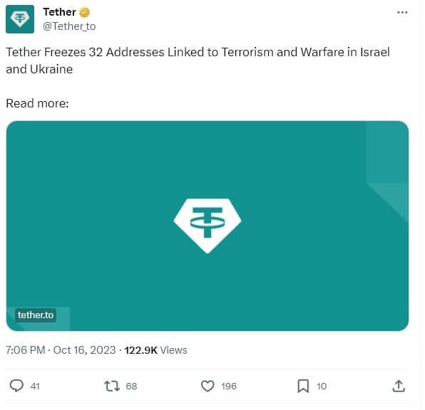 Tether อายัดเงิน 873,000 USDT ที่เชื่อมโยงกับกิจกรรมการก่อการร้ายในยูเครน , อิสราเอล