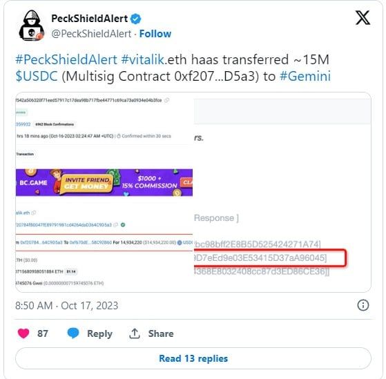 Vitalik Buterin โอน 15ล้าน USDC ไปที่เว็บเทรด Gemini