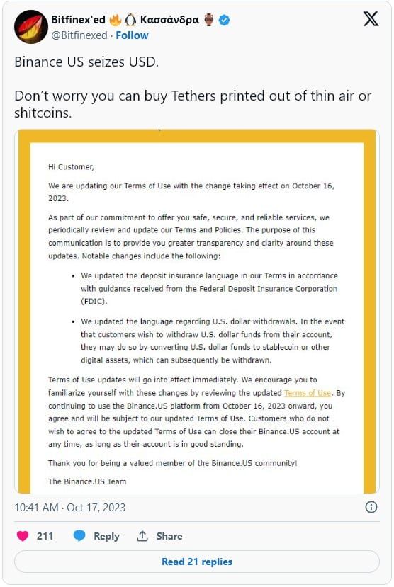Binance US ขอให้ผู้ใช้แปลง USD เป็น Stablecoin หากต้องการถอนเงินออกจากบัญชี