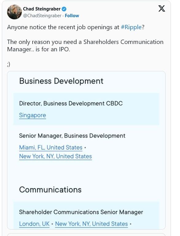 Ripple ประกาศรับสมัครงาน ที่อาจบอกใบ้ว่าบริษัทจะเสนอขายหุ้น IPO ในอนาคต