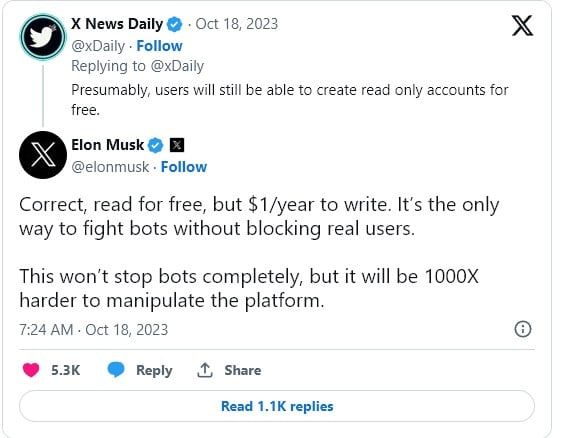 Elon Musk เริ่มเก็บค่าสมัครสมาชิกใหม่ "1 ดอลลาร์" สำหรับผู้ใช้ X เพื่อพิสูจน์ว่าไม่ใช่บอท เริ่มในนิวซีแลนด์ ฟิลิปปินส์