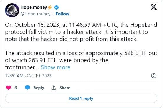 Hope Lend โปรโตคอล DeFi บน Ethereum ถูกโจมตี จนสภาพคล่องว่างเปล่า และสูญเสียเงินไป 526 ETH