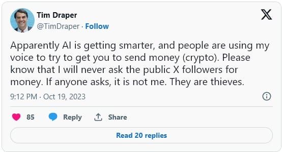 Tim Draper ออกมาเตือนถึงการหลอกลวง Crypto ที่ใช้ AI สร้างวิดีโอ Deepfake และเสียงปลอมของเขา
