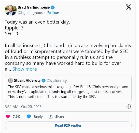 ก.ล.ต.สหรัฐฯ เตรียม "ถอนฟ้อง" คดีแพ่งที่ฟ้องร้องต่อ Brad Garlinghouse และ Chris Larsen ของ Ripple