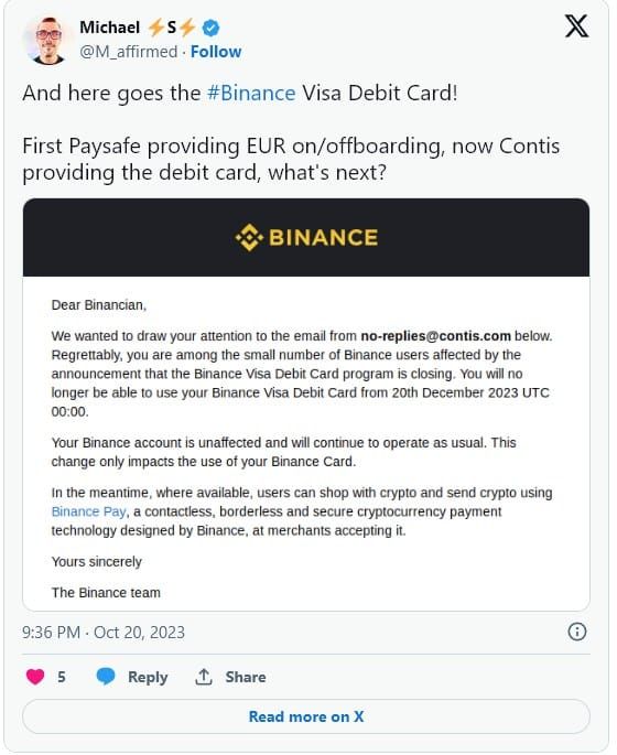 Binance เตรียมจะระงับบริการบัตรเดบิต ในเขตเศรษฐกิจยุโรป (EEA) ในเดือนธันวาคมนี้