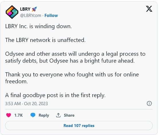 ทีมงานโครงการ LBRY โพสอำลา หลังเป็นหนี้ “หลายล้านดอลลาร์” จนต้องปิดตัว