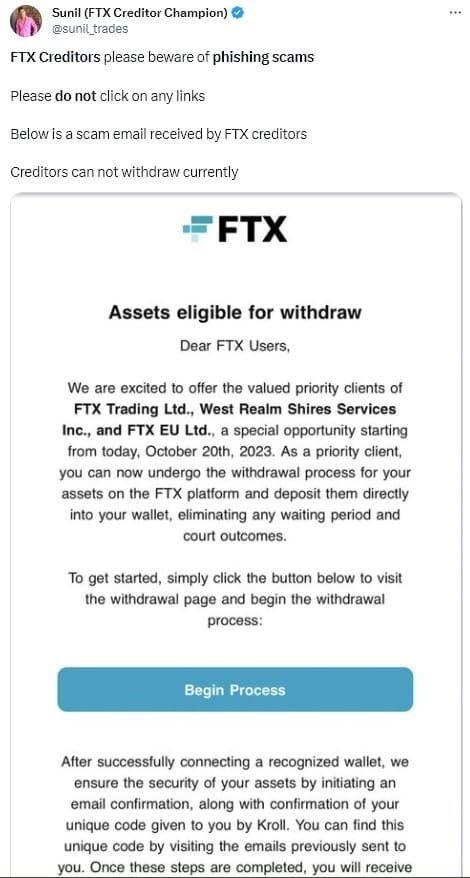 ผู้ใช้ FTX ระวัง "อีเมลหลอกลวงเรื่องถอนเงิน" ที่อ้างว่าส่งมาจาก FTX Trading และหลอกให้คลิกลิงก์ฟิชชิ่ง