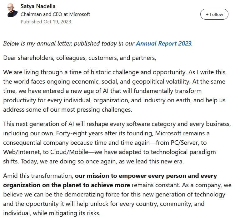 ซีอีโอ Microsoft เตรียมนำ AI รวมเข้ากับ 'ทุกพื้นที่โซลูชันสำหรับลูกค้าทั้งหมด'