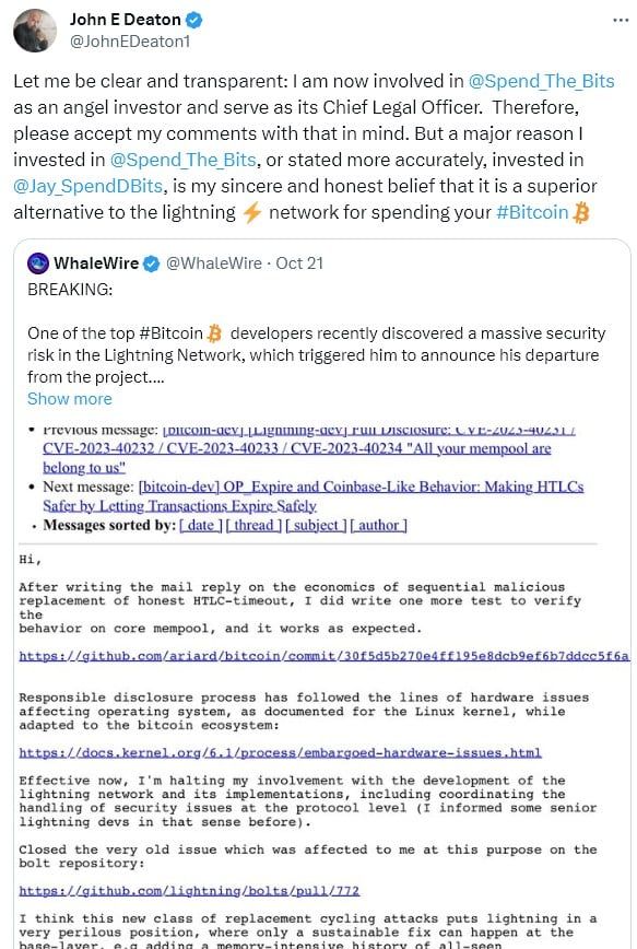 John Deaton ทนายความ วิจารณ์ Lightning Network ว่าด้อยกว่า "Spend The Bits" บน XRP Ledger (XRPL)