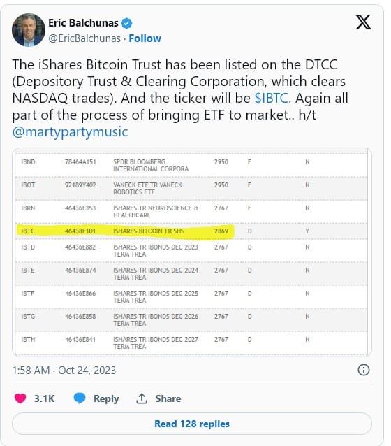 Spot Bitcoin ETF ของ BlackRock ถูกลิสต์บน DTCC ถือเป็นสัญญาณเชิงบวกสำหรับการอนุมัติจาก ก.ล.ต.สหรัฐฯ