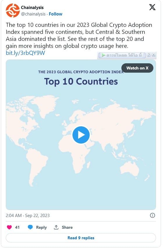 ประเทศไทย ติดอันดับ 10 "การยอมรับ Crypto ทั่วโลก ประจำปี 2023" : Chainalysis รายงาน