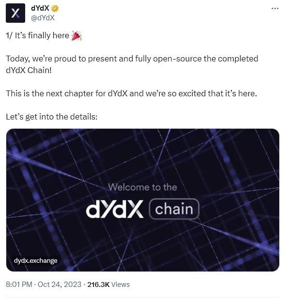 dYdX เผยแพร่ "โค้ดโอเพ่นซอร์ส" ของเครือข่าย "dYdX Chain" เพื่อปูทางสู่การเปิดตัว Mainnet