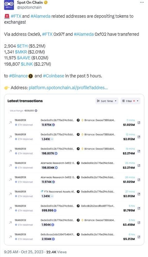 กระเป๋าที่เชื่อมโยงกับ FTX และ Alameda โอน Crypto มูลค่า 362 ล้านบาทไปยังเว็บเทรด บ่งบอกว่าอาจมีการขายสินทรัพย์บางส่วนเพื่อชำระคืนเจ้าหนี้