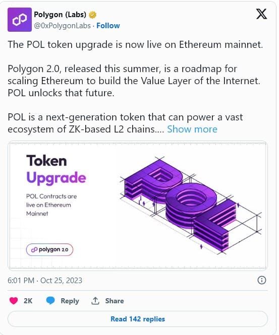 Polygon เปิดตัวสัญญาโทเค็น POL บน Ethereum เพื่อมาแทนที่ MATIC ในที่สุด