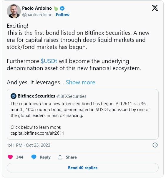 Bitfinex Securities ประกาศว่าจะลิสต์ Tokenized bond ตัวแรก ในเดือนพฤศจิกายน