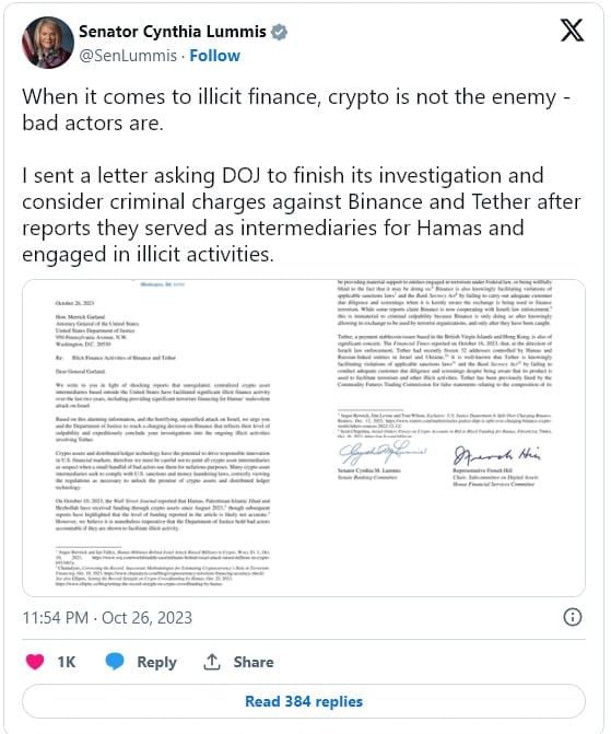 Cynthia Lummis วุฒิสมาชิกสหรัฐ เรียกร้องให้กระทรวงยุติธรรม "ดำเนินการ" กับ Binance และ Tether เรื่องการอำนวยความสะดวกด้านเงินทุนสำหรับกลุ่มฮามาส
