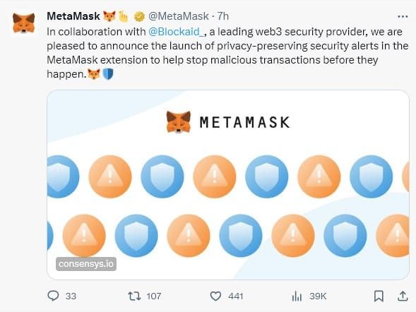 MetaMask จับมือ Blockaid เปิดตัวการแจ้งเตือนความปลอดภัยแบบเนทีฟ ในส่วนขยายของกระเป๋าสตางค์