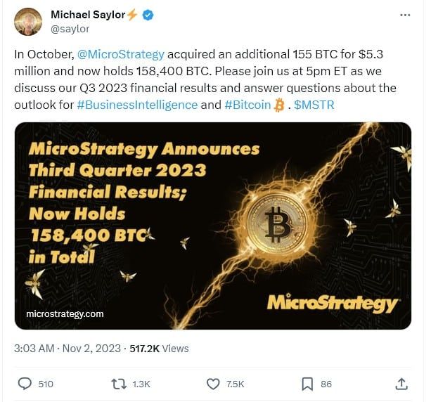 MicroStrategy ซื้อเพิ่มอีก 155 bitcoin ในเดือนตุลาคม ราคา 191 ล้านบาท