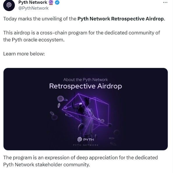 Pyth Network เปิดตัว Airdrop โทเค็นแก่สมาชิกชุมชน และมีกระเป๋าเงินที่มีสิทธิ์มากกว่า 75,000 ใบ