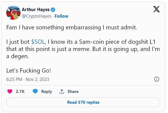 Arthur Hayes “ยอมรับ” เพิ่งซื้อ SOL ที่ยอด แต่เชื่อว่าระยะยาวยังดูสดใส ???