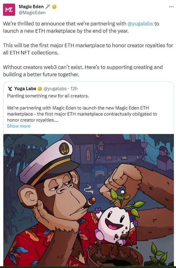 Magic Eden, Yuga Labs เตรียมเปิดตัว "ตลาด Ethereum NFT" ที่จะมีการบังคับใช้ค่าลิขสิทธิ์ของครีเอเตอร์