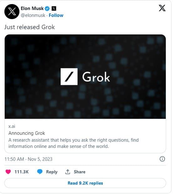 Elon Musk เปิดตัวแชทบอท AI 'Grok' ที่เหนือกว่า ChatGPT เพราะใช้ข้อมูลบน X แบบเรียลไทม์