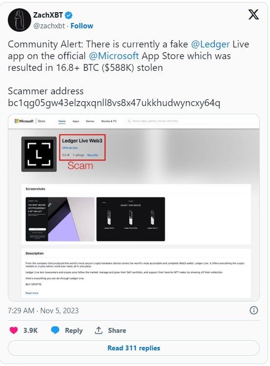แอป Ledger Live ปลอม โผล่บน App Store ของ Microsoft และขโมยเงินไปได้กว่า 20 ล้านบาท
