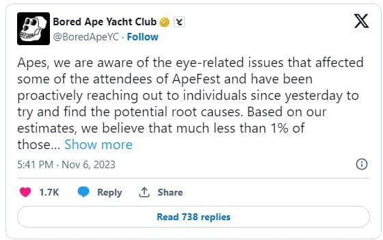 ผู้เข้าร่วมงาน ApeFest ของ Yuga Labs หลายคน เจอปัญหา "ดวงตาอักเสบ" ด้านทีมงานยืนยัน มีไม่ถึง 1% ของผู้เข้าร่วมที่มีอาการนี้ และพร้อมช่วยเหลือเต็มที่
