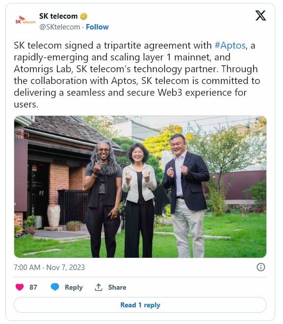 SK Telcom เปิดตัวกระเป๋าเงิน Web3 ร่วมกับ Aptos และ Atomrigs Lab