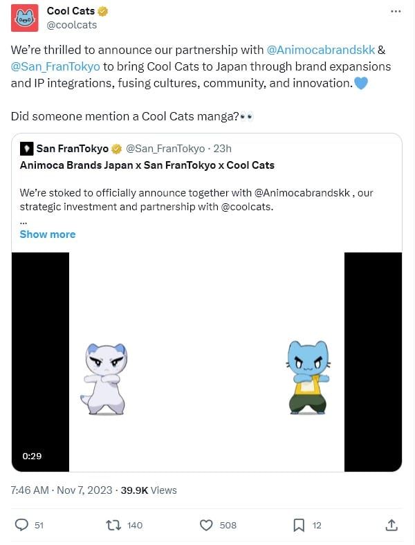 Animoca Brands Japan ประกาศความร่วมมือกับ Cool Cats Group เตรียมลุยตลาดอนิเมะญี่ปุ่น