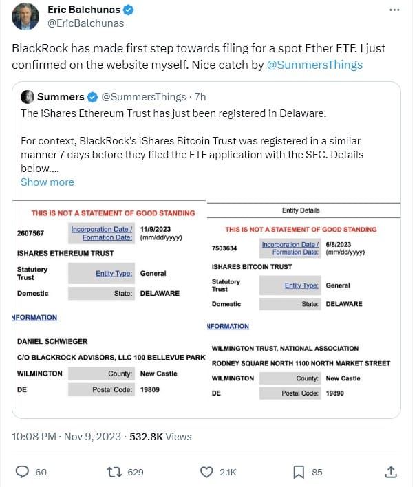 ETH พุ่งสูงกว่า 2,000 ดอลลาร์ หลังจาก BlackRock iShares Ethereum Trust ลงทะเบียนในเดลาแวร์
