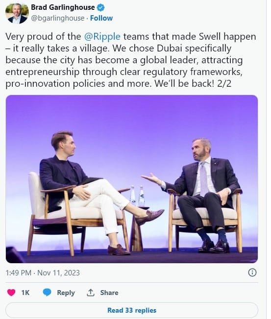 CEO Ripple เผยมุมมองเชิงบวกเกี่ยวกับอนาคตของ Crypto และ Tokenization ในการประชุม Swell ปีนี้