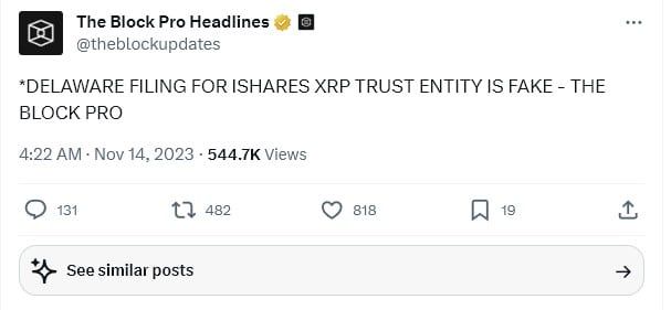 BlackRock ไม่ได้มีการยื่น "XRP ETF" ใด ๆ พร้อมเตือนระวังข่าวปลอม